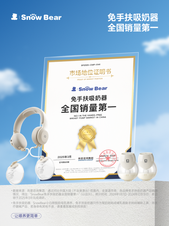 SnowBear小白熊免手扶吸奶器获“全国销量第一”市场地位确认